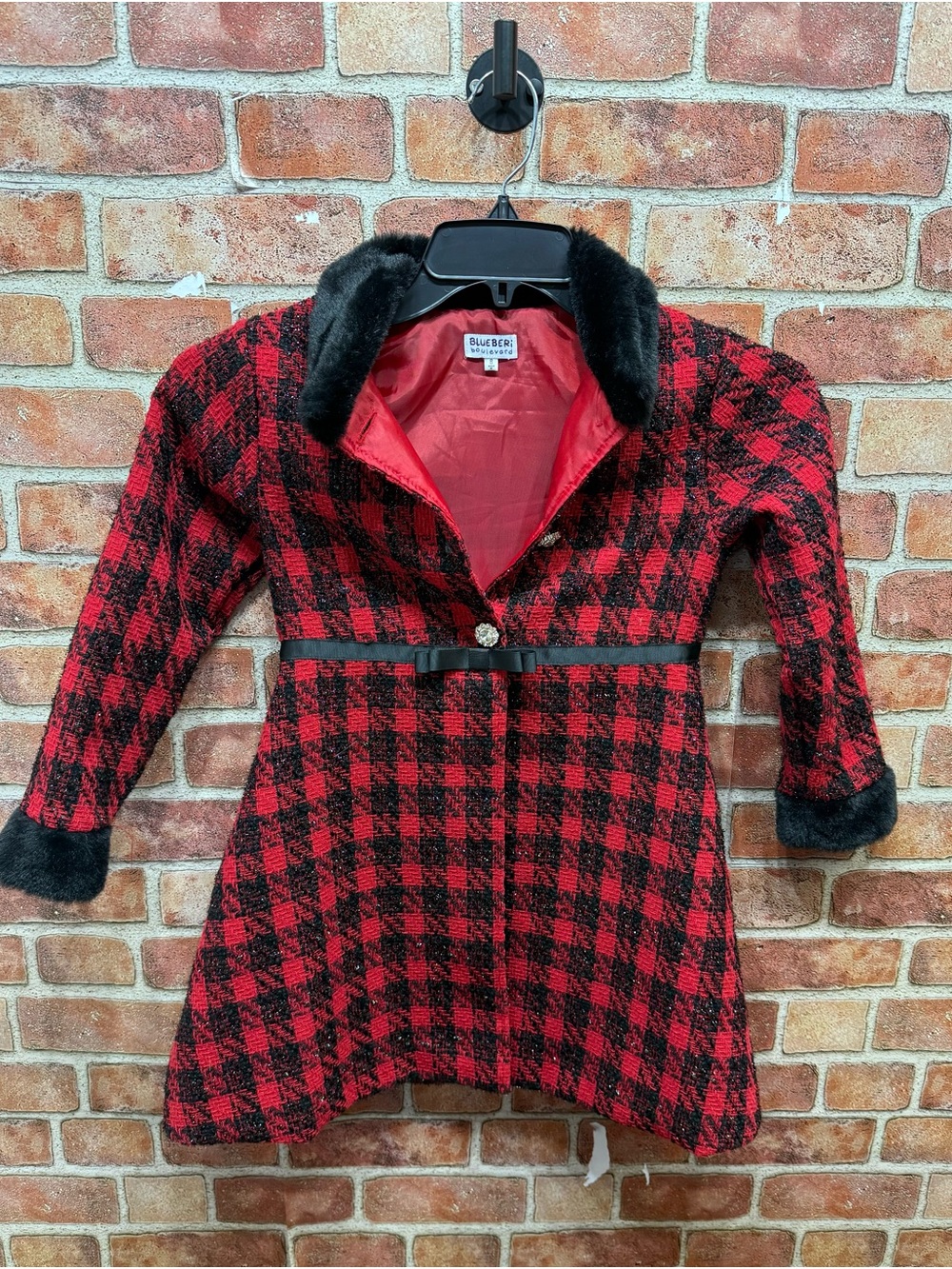 Blueberi blvd girls buffalo check holiday dress Coat with Black Fur Trim size 8